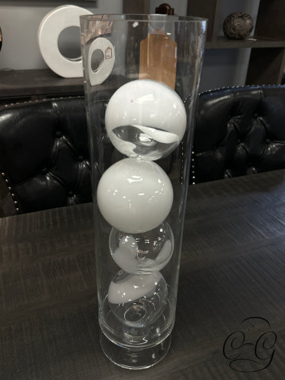 Set Of 2 Clear Glass Cylindrical Vases With 4 White/Clear Decor Balls Home