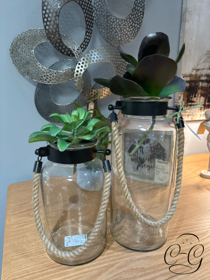 Set Of 2 Glass Hurricane Jar Candleholders W/Dark Metal Details Rope Handles 8x16’’ Home Decor