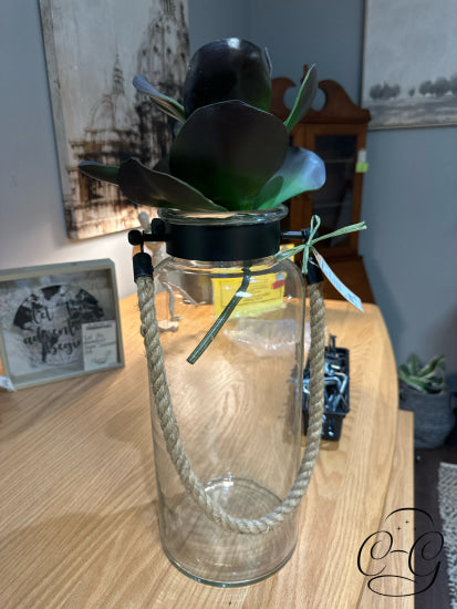 Set Of 2 Glass Hurricane Jar Candleholders W/Dark Metal Details Rope Handles 8x16’’ Home Decor