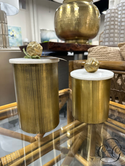 Set Of 2 Gold Metal Container With White Marble Lid 5x9’’ Home Decor