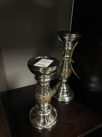Set Of 2 Mercury Glass Pillar Candleholders With Ornate Gold Detailing Candleholder(S)