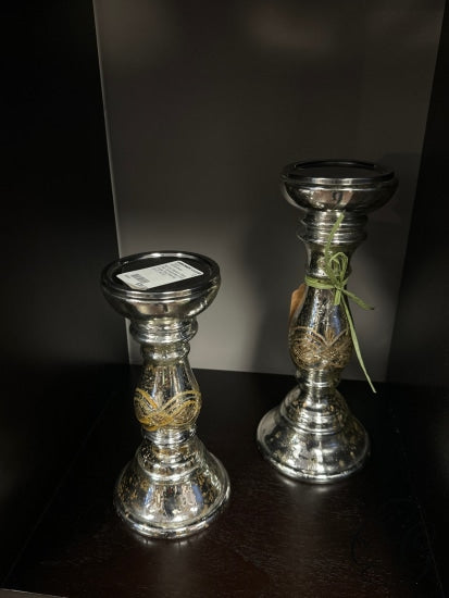 Set Of 2 Mercury Glass Pillar Candleholders With Ornate Gold Detailing Candleholder(S)