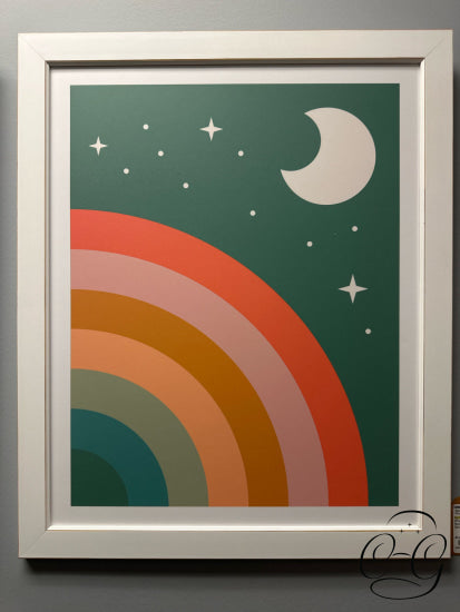 Set Of 2 Pictures In Whie Frame ’Rainbow Moon’ & ’Rainbow Balloons’ 21x25’’ Picture