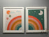 Set Of 2 Pictures In Whie Frame ’Rainbow Moon’ & ’Rainbow Balloons’ 21x25’’ Picture