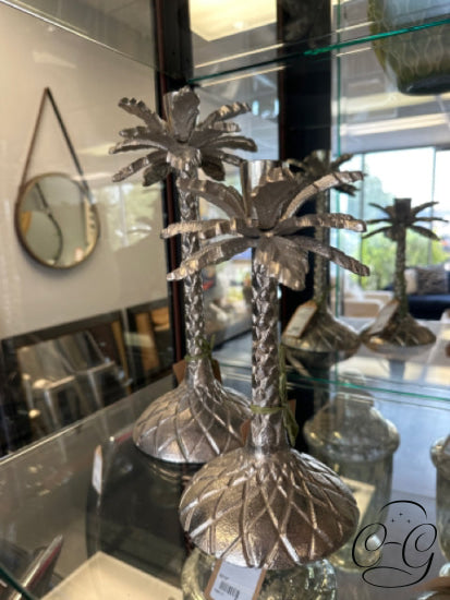 Set Of 2 Silver Metal Palm Tree Candleholders Candleholder(S)