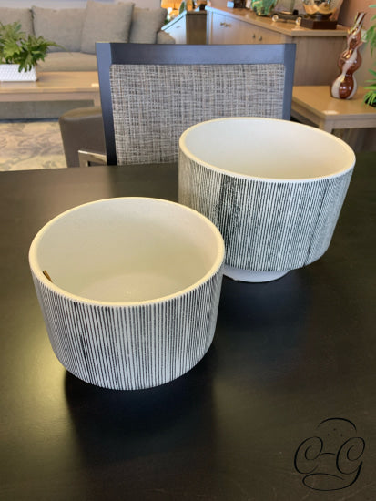 Set Of 2 White Ceramic Pots With Black Lines Home Decor