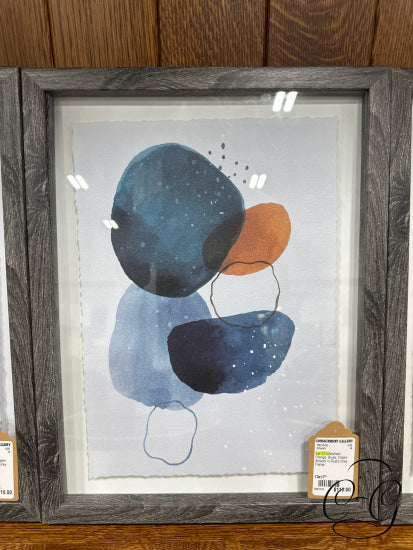 Set Of 3 Abstract Orange Blues Cream Artwork In Rustic Grey Frame
