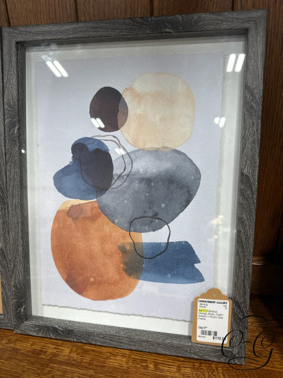 Set Of 3 Abstract Orange Blues Cream Artwork In Rustic Grey Frame