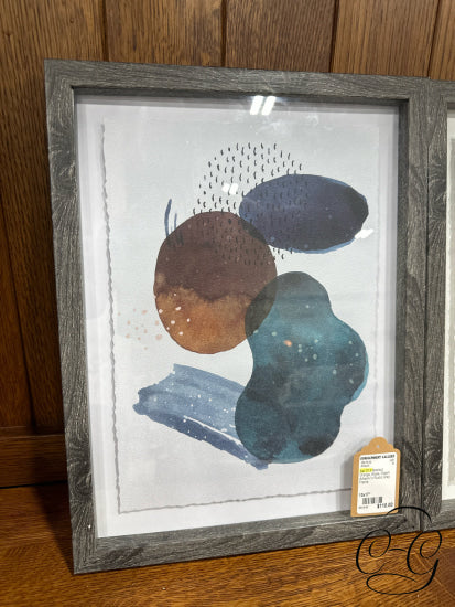 Set Of 3 Abstract Orange Blues Cream Artwork In Rustic Grey Frame