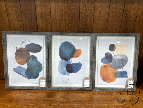 Set Of 3 Abstract Orange Blues Cream Artwork In Rustic Grey Frame