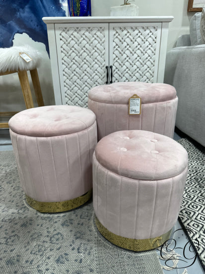 Set Of 3 Blush Pink Storage Ottomans W/Vertical Panel Design Gold Finish Base Ottoman