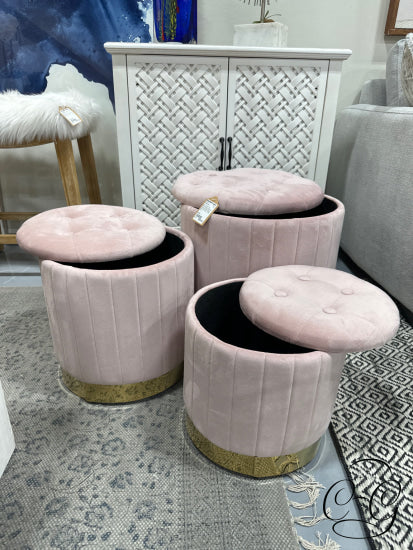 Set Of 3 Blush Pink Storage Ottomans W/Vertical Panel Design Gold Finish Base Ottoman