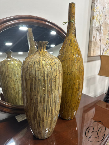 Set Of 3 Gold/Black Finish Mosaic Glass/Ceramic Vases Vase
