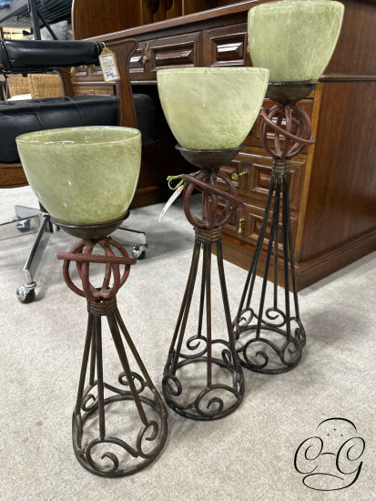 Set Of 3 Rustic Metal Candleholders W/Cream Glass Holders Candleholder(S)