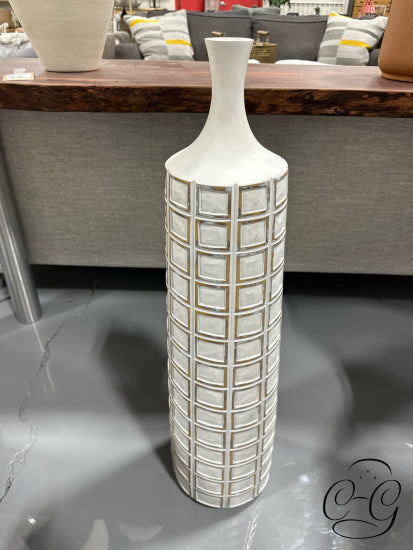 Set Of 3 White Ceramic Vases With Gold Bordered Square Pattern Exterior 8x33’’ Vase