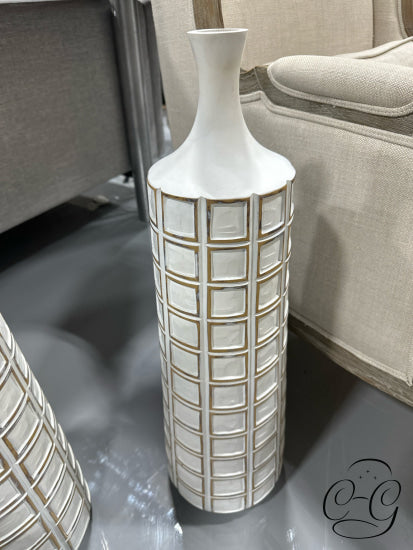 Set Of 3 White Ceramic Vases With Gold Bordered Square Pattern Exterior 8x33’’ Vase