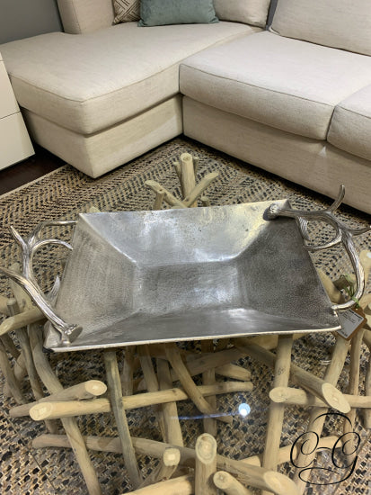 Silver Metal Tray With Antler Design Handles Home Decor