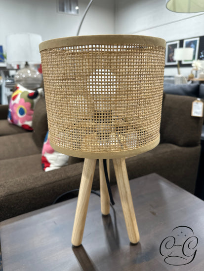 Small Natural Wood Tripod Table Lamp With Round Wicker Shade