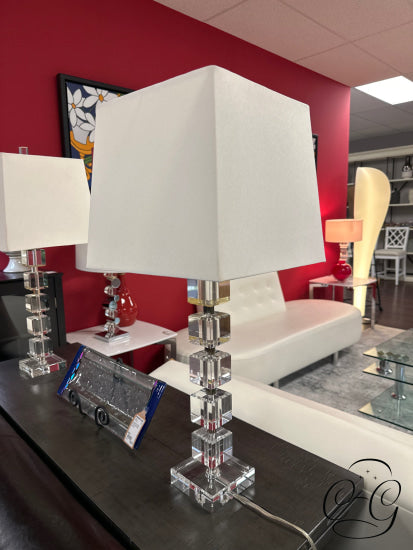 Stacked Square Crystal Body Table Lamp With Rect. Cream Shade