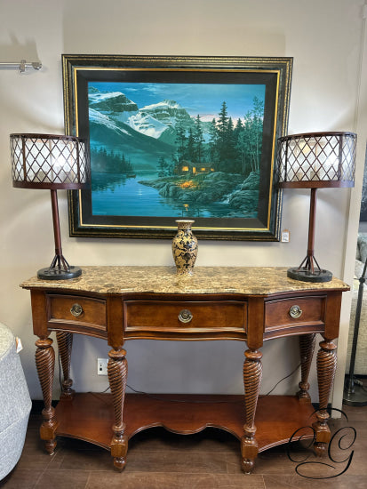 Stanley Brown/Cream Granite Top Sideboard W/3 Drawers Bottom Shelf Console Table