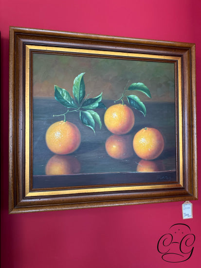Still Life Art ’3 Oranges’ In Antiqued Gold/Brown Frame 28x25’’ Artwork