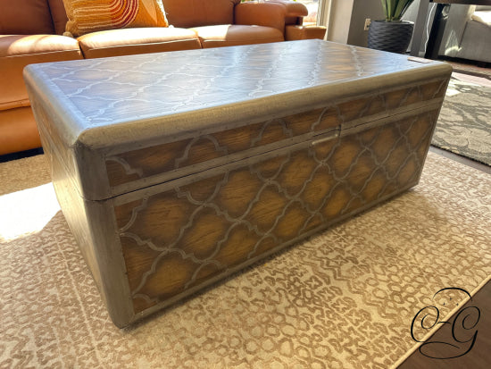 Storage Trunk Coffee Table In Soft Wood Finish Metal Inlay Design On Castors
