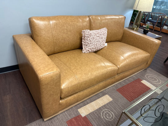 Stylus Camel Leather Sofa With Natural Finish Wood Base