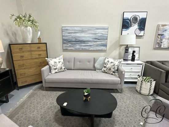Stylus Light Grey Bench Seat Sofa W/3 Button Tufted Back Cushions Steel Legs