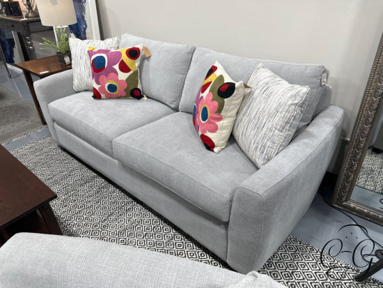Stylus Light Grey/Fog Fabric Sofa With 2 Cream Beige Grey Pattern Toss Pillows