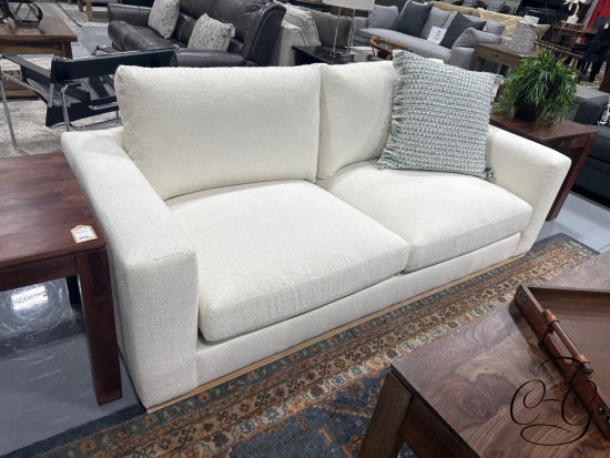 Stylus White Fabric 2 Seat Sofa With Natural Finish Wood Base