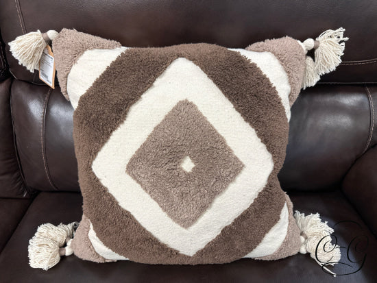 Tan Toss Pillow With Brown Square Detailing Tassels