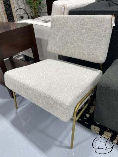 Taupe & White Fabric Armless Chair With Gold Frame Legs Accent