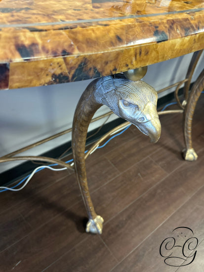 Tortoise Shell Look 1/2 Moon Top Console W/Brushed Gold Bird & Claw Detailing 67x19x33’’ Console Table
