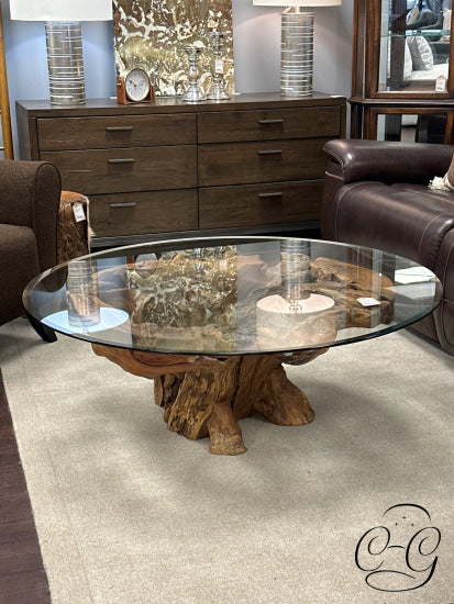 Unique Round Glass Top Coffee Table With Teak Root Base