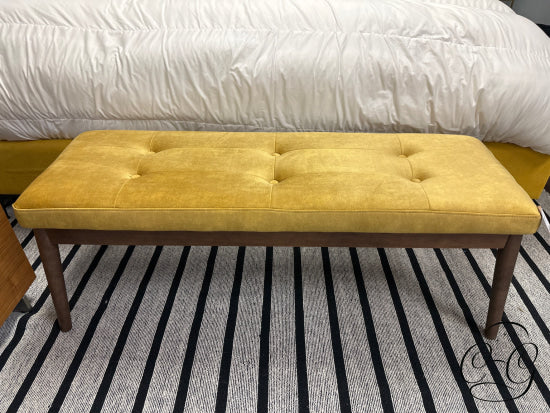 Vintage Mustard Bench With Button Tufting Walnut Legs
