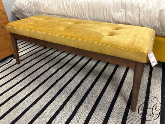 Vintage Mustard Bench With Button Tufting Walnut Legs