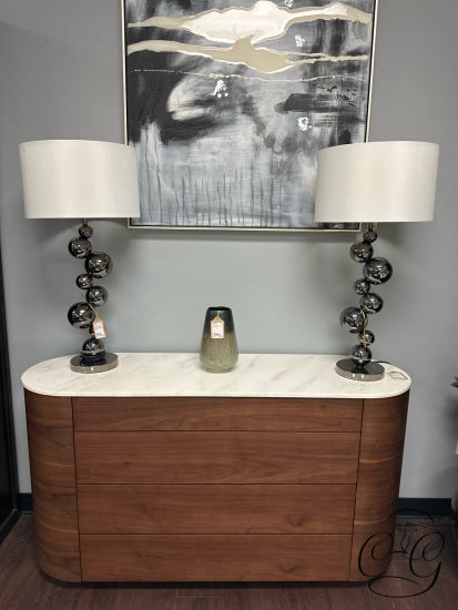 Walnut Finish Sideboard W/4 Push Drawers White Oval Marble Top 55x16x30’’ Sideboard