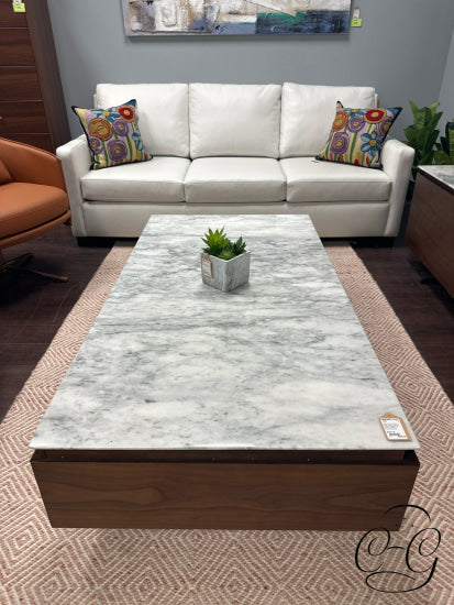 Walnut Finish Wood Base Coffee Table W/2 Drawers Marble Top Metal Legs 59x31x15’’ Coffee