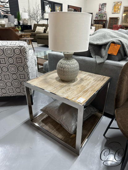 Weathered Rustic Wood Top Side Table W/Chrome Frame Bottom Shelf End