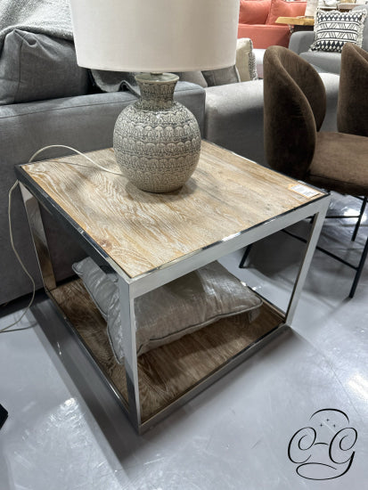 Weathered Rustic Wood Top Side Table W/Chrome Frame Bottom Shelf End
