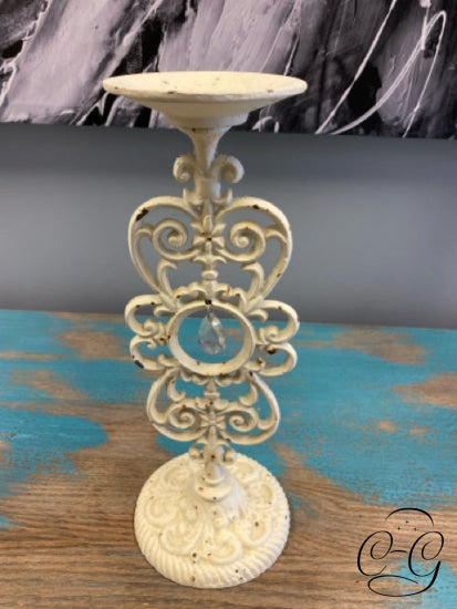 Weathered White Cast Iron Candlestick With Hanging Faux Crystal Candleholder(S)