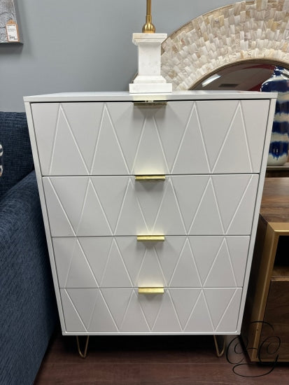 White 4 Door Chest With Zig Zag Patter Drawer Fronts Gold Legs Cabinet