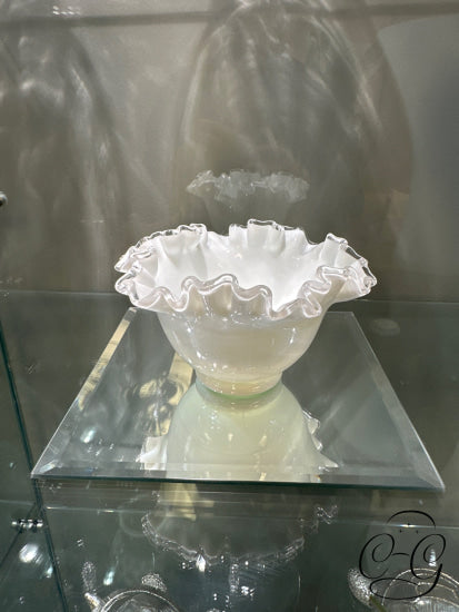 White Glass Dish With Clear Ruffled Edge Home Decor