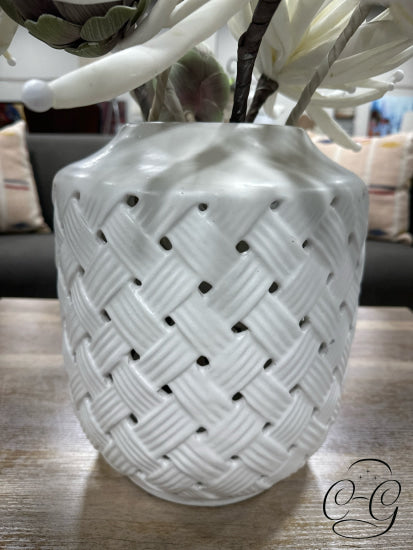 White Lattice Design Ceramic Vase 10x12’’ Home Decor