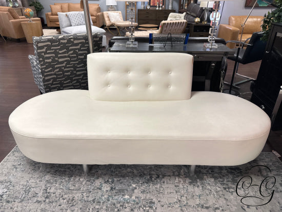 White Rounded Frame Leather Sofa Partial Back W/Button Tufting