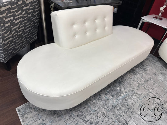 White Rounded Frame Leather Sofa Partial Back W/Button Tufting