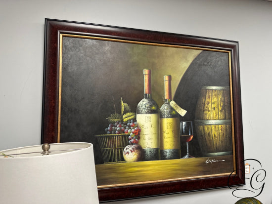 Wine Bottles Barrel Art In Dark Frame W/Inner Gold Picture