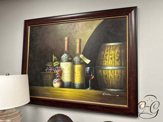 Wine Bottles Barrel Art In Dark Frame W/Inner Gold Picture