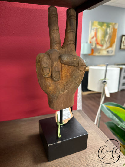 Wood Peace Sign Sculpture On Black Square Block Base 4x4x14’’ Home Decor