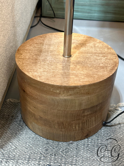 Wood Round Base Chrome Pole Floor Lamp With Long Cream Drum Shade